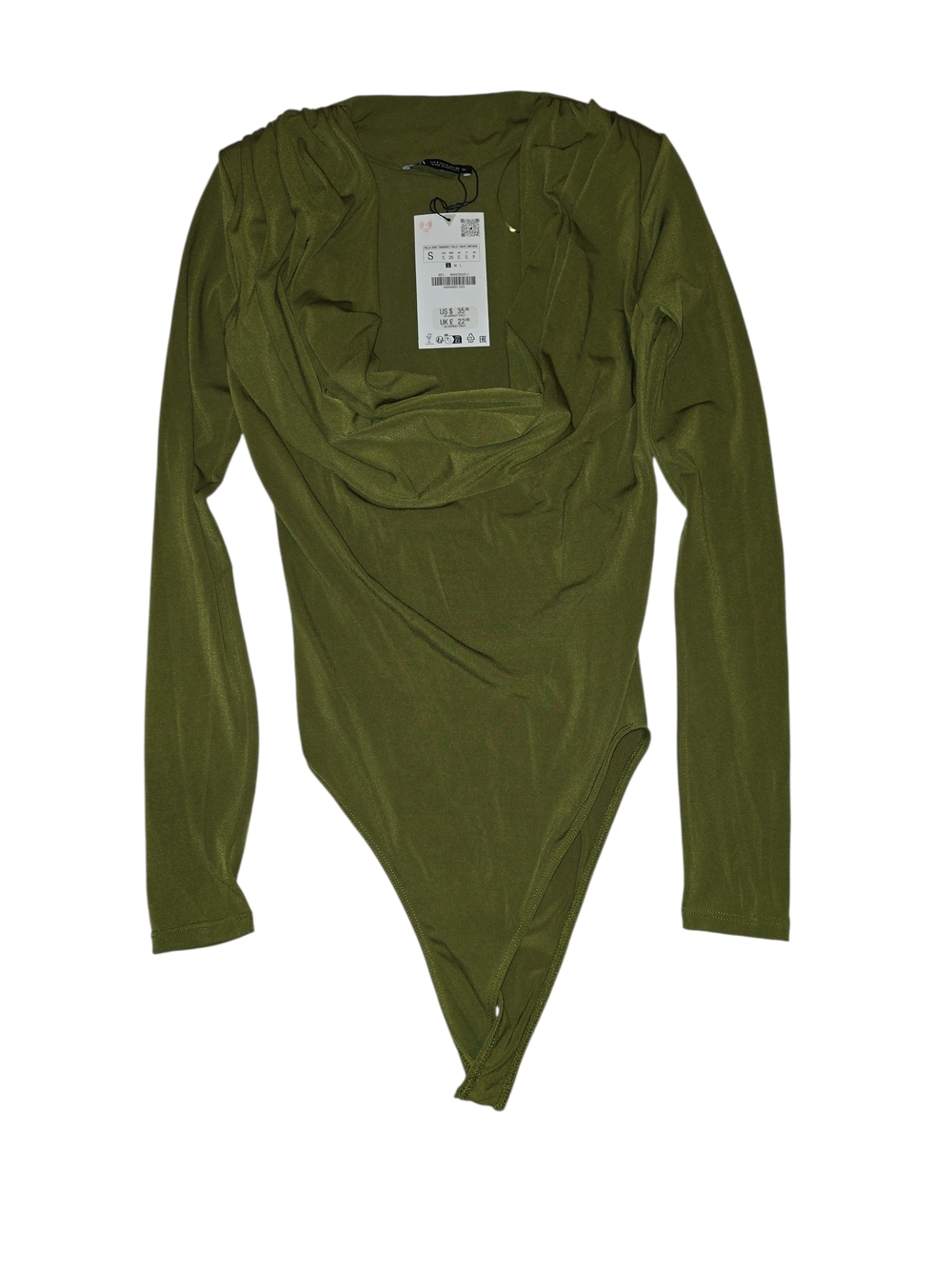 Zara Olive Green Long Sleeve Drape Neck Bodysuit